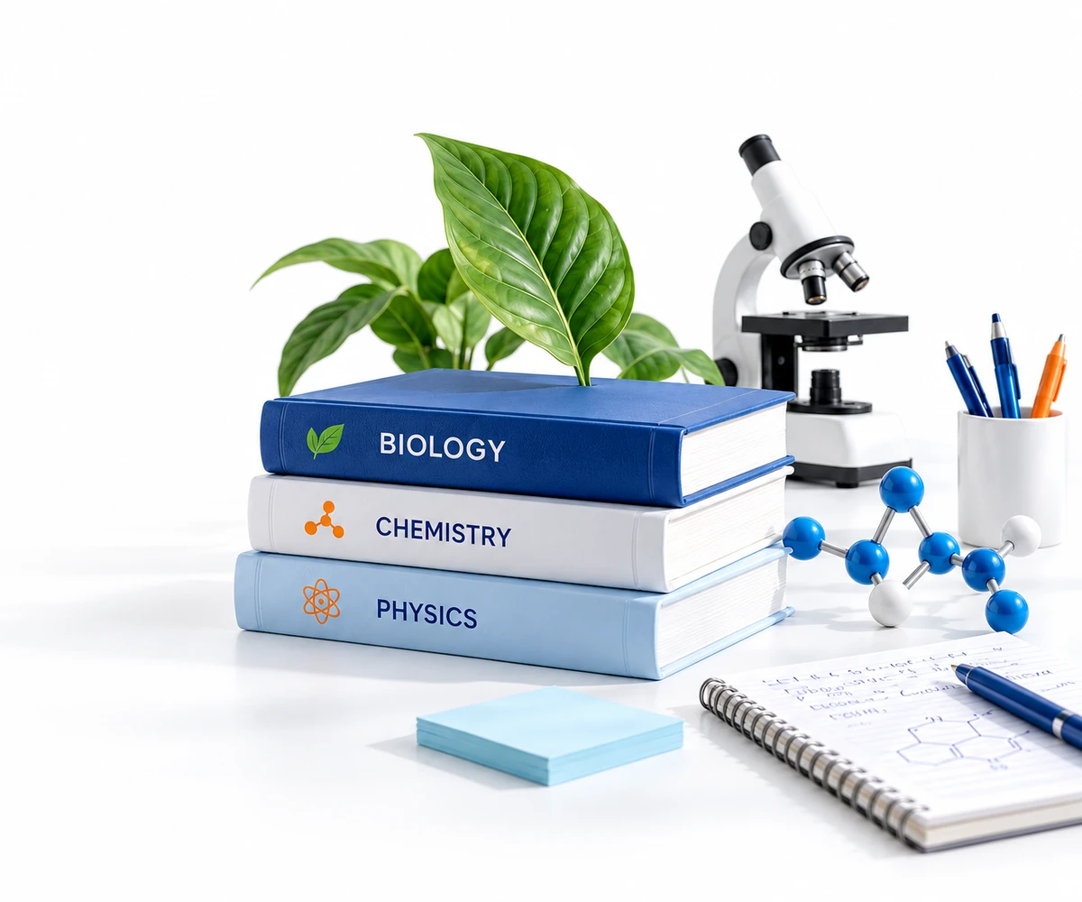 Biology, Chemistry and Physics books with a microscope and molecular model